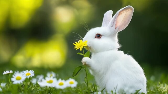 A cute white rabbit sniffs a vibrant yellow flower in a lush green meadow