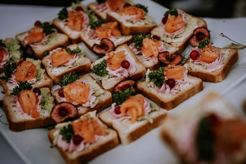 Cesis, Latvia - July 12, 2024 - A platter of gourmet appetizers featuring smoked salmon, lettuce, cream cheese, parsley, and cherries on slices of bread, arranged for an event.
