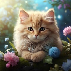 Fluffy Kitten Among Vibrant Blossoms