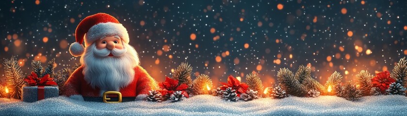 A joyful Santa Claus surrounded by festive decorations and gifts, evoking the warmth and magic of the Christmas season.