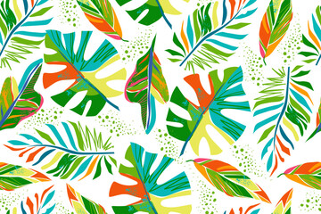 Colorful tropical leaves on white background seamless pattern. Leaves of monstera, palm, croton, calathea triostar. Modern summer pattern. Vector illustration. © Oksana_Skryp