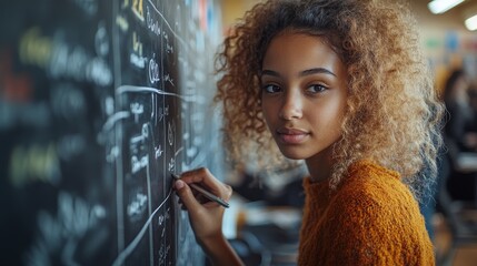 Student Engaged in Writing Mathematical Equations on Chalkboard in Classroom Environment