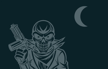 Vektor Totenschädel mit Waffe und Grinsen - Gezeichnet - Grafik Kunst Element