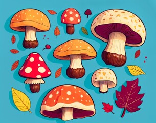 y2k style mushrooms set illustration. Forest vibe with leaves