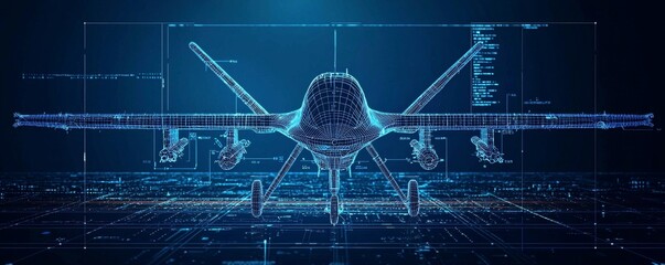 Digital wireframe illustration of an advanced drone in a futuristic setting
