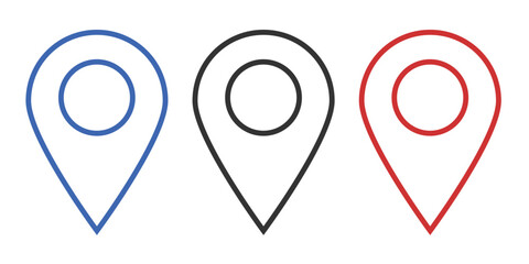 Set of Pin Location Icons in Blue, Black, and Red Outlines