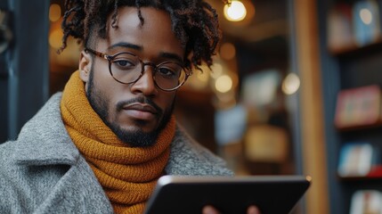 Student Engaged in Virtual Classroom Activity While Using Tablet in Cozy Café Setting