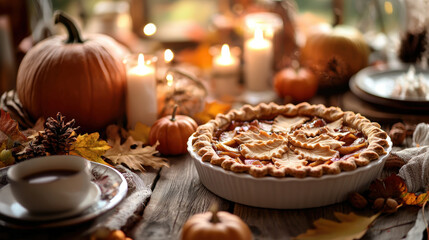 Fototapeta premium Thanksgiving pumpkin pie on rustic table with candles and autumn decorations