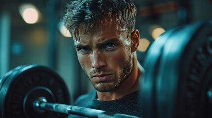Athletic man lifting weights in a modern gym with intense expression and sweat visible, highlighting muscular definition and effort