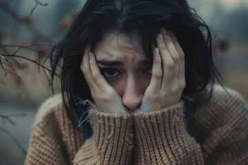 emotional vulnerability study young woman covers face with hands conveying distress soft focus and muted tones emphasize mental health awareness