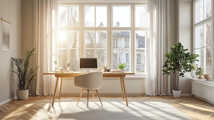 Fototapeta premium Bright and airy home office with large windows, a standing desk, and minimalist decor