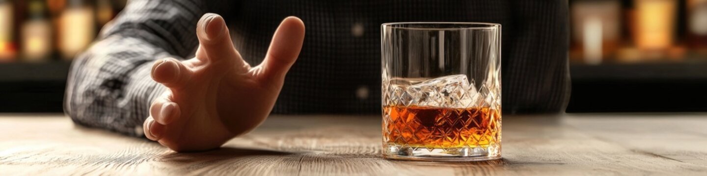 the man refuses a glass of alcohol with his hand. Selective focus