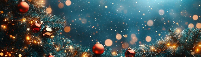 A vibrant Christmas decoration scene featuring festive ornaments, twinkling lights, and a shimmering blue background.