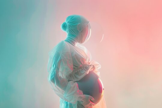 a pregnant woman in a white dress stands in front of a colorful background