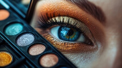 Close-up of a colorful makeup palette with a mirror reflecting the woman's eye makeup.