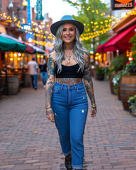 A blonde tourist girl in a hat, a short top and blue jeans, covered in tattoos, walks along the main street.
