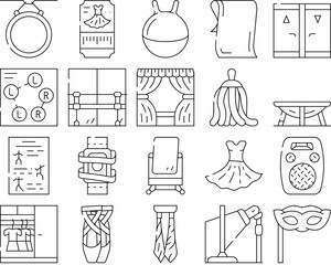 Choreography Dance Collection Icons Set Vector. Dancing Shoes And Spherical Tool For Jumping, Facial Mask And Ticket, Equipment For Choreography Black Contour Illustrations