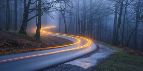 Fototapeta premium A road with a curve and a line of cars in the background. The cars are moving in a zigzag pattern