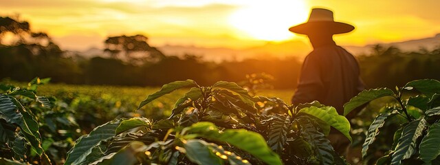 male farmer in the coffee field. Selective focus