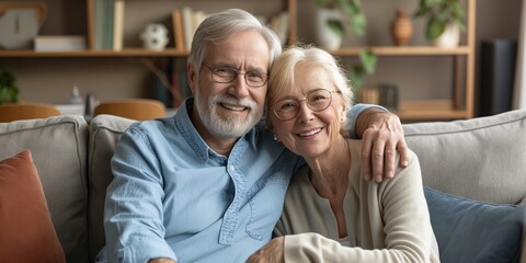 Fototapeta premium A man and woman are sitting on a couch and smiling at the camera. Scene is happy and warm