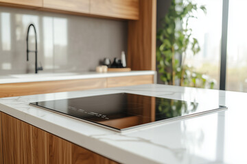 Modern kitchen with marble countertop, built-in induction cooktop, black faucet, and wooden cabinets. Contemporary interior design concept