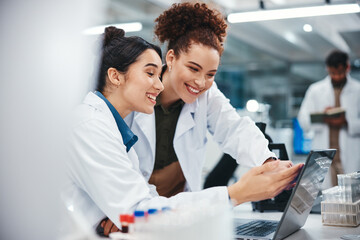 Laptop, scientist and women with smile, medical research and excited for results of test and...