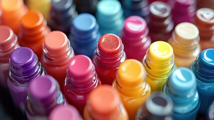 Close-up of glossy nail polish bottles in a rainbow of colors, with some tipped over to create a dynamic and playful composition