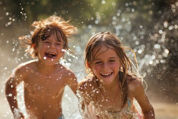 Obraz premium Children running through sprinklers in a backyard, laughter and joy capturing the essence of summer