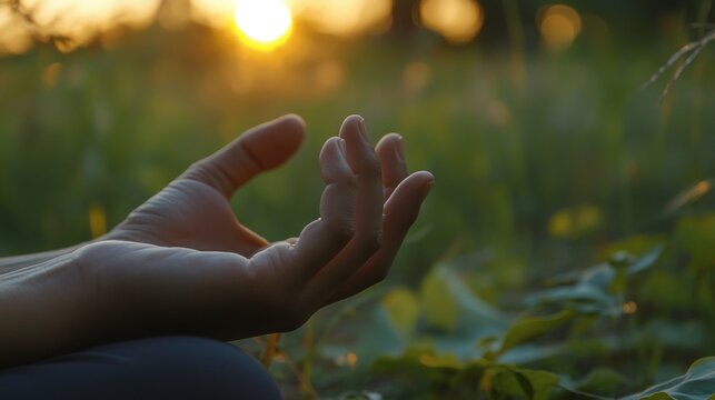 Close-up of hands in a meditative mudra pose with a calm nature setting