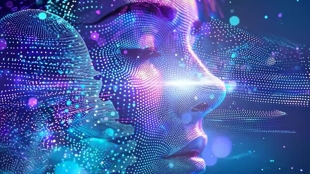 Animation of abstract digital woman head made from neon dots and particles in cyberspace. Facial recognition. Digital soul of machine, software visualization. Artificial intelligence, neural network
