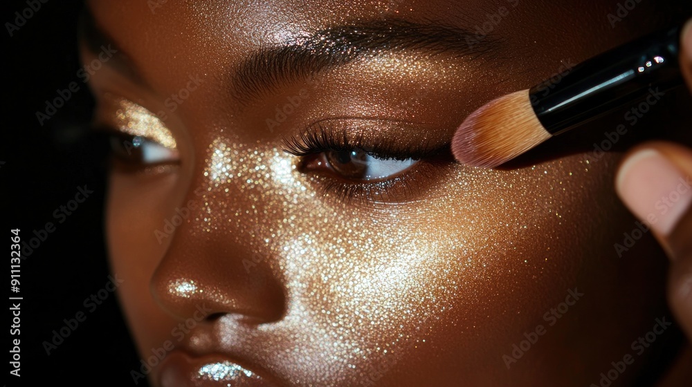 Wall mural close-up of shimmering highlighter being applied to a model's cheekbone, emphasizing the glowing and