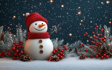 Fototapeta premium Cheerful snowman wearing a red hat, surrounded by snowy foliage and bright berries against a starry winter night.