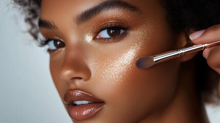 Close-up of shimmering highlighter being applied to a model's cheekbone, emphasizing the glowing and radiant effect