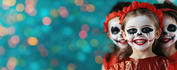 Celebrate Halloween with a vibrant banner featuring happy kids in scary makeup and costumes, set against a colorful bokeh background. Perfect for festive invitations.