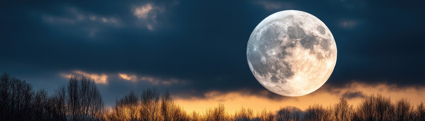Fototapeta premium Captivating image of a full moon surrounded by dark clouds, showcasing the beauty of the night sky and evoking a sense of mystery and tranquility.