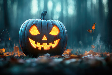 Obraz premium Explore a spooky scene featuring a mystical Jack O'Lantern illuminating a dark forest, perfect for Halloween-themed projects and captures the haunting essence of the season.
