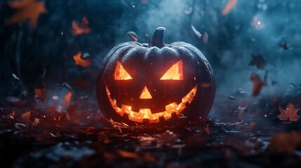 Naklejka premium Halloween Jack-O-Lantern in a Foggy Forest