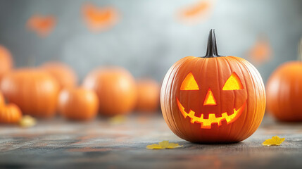 Fototapeta premium Discover a festive Halloween scene featuring a carved Jack O'Lantern amidst a vibrant pumpkin patch during the autumn harvest season.