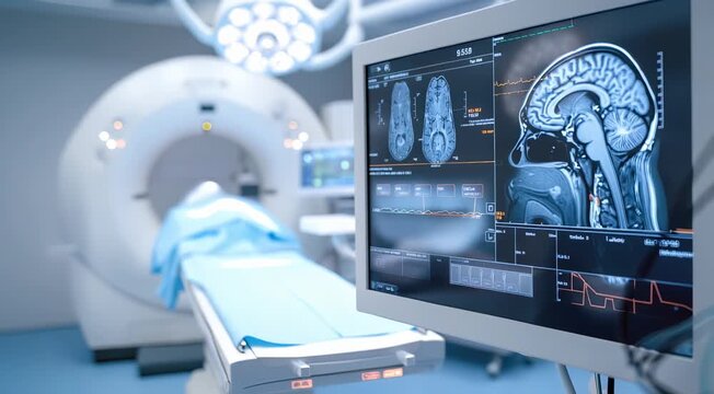 MRI scan room with a patient on the MRI machine bed and a monitor displaying detailed brain MRI images and data.