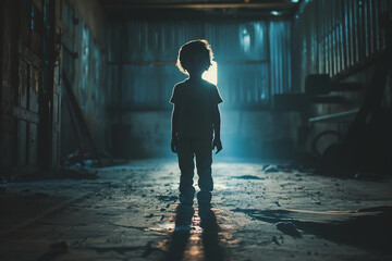 Fototapeta premium Homeless poor sad child kid in city park ruined town forest lawn all alone, Generative AI lost child