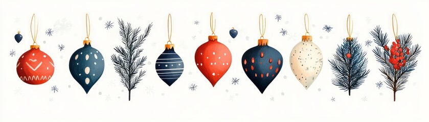 Colorful Christmas ornaments and branches creating a festive scene perfect for holiday decorations and seasonal celebrations.