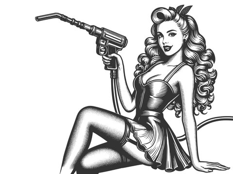 recommend clip art: Pin-up woman holding gas pump nozzle, intricate details and retro charm sketch engraving generative ai fictional character vector illustration. Scratch board imitation. Black and white image.
