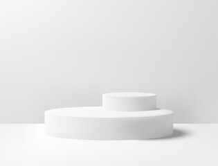 Realistic 3D white circle platform podium or pedestal on gray background with shadow. Empty space for product display presentation. Minimalistic mockup with copy space . Stage showcase vector design