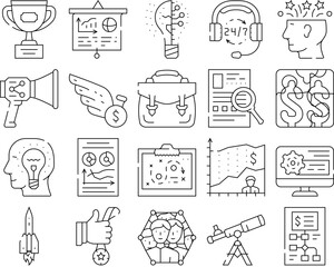 Startup Business Work Collection Icons Set Vector. Researching Market And Analyzing Price For Startup, Creative Brainstorm And Counting Money Profit Black Contour Illustrations