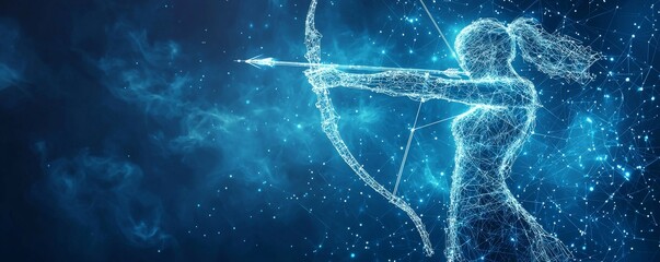 Wireframe illustration of Sagittarius symbol with celestial background