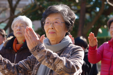 Naklejka premium Elderly health and wellness concept with senior asian women practising yoga outdoors