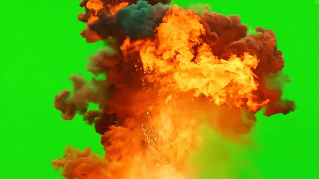 Motion animation of atomic bomb explosion on green screen background. Nuclear fire mushroom cloud in world war. Apocalypse, armageddon. Effect ready to chroma key