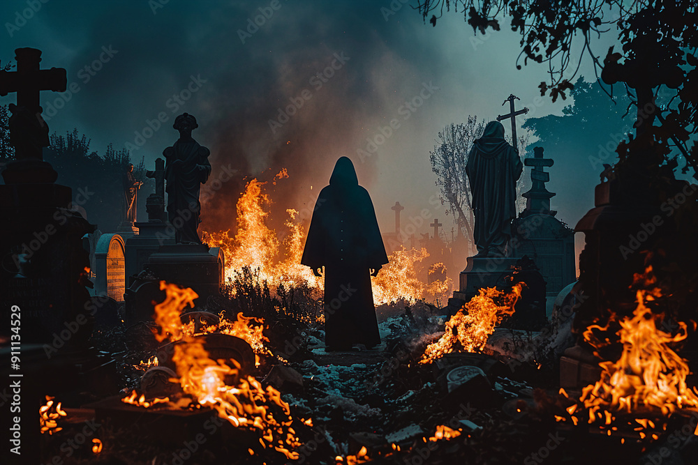 Sticker picture of a scary person ghost burning at hell afterlife generative ai technology