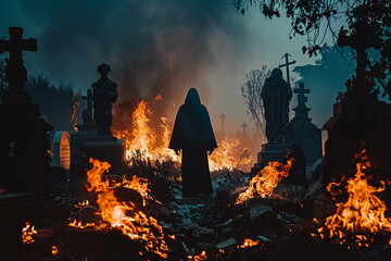 Picture of a scary person ghost burning at hell afterlife generative AI technology