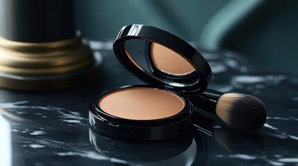Detailed image of an open compact powder case with a brush, capturing the fine texture and smooth surface of the powder